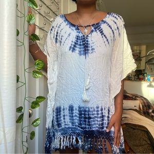 Blue and White Fringed Beach Dress